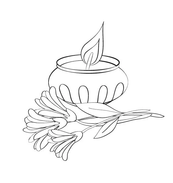 Coloring book lit candle with flowers